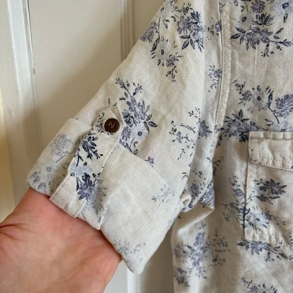 Eddie Bauer Prarie Linen Floral Shirt Dress  Cream & Blue 3/4 Sleeve Large - Picture 4 of 10
